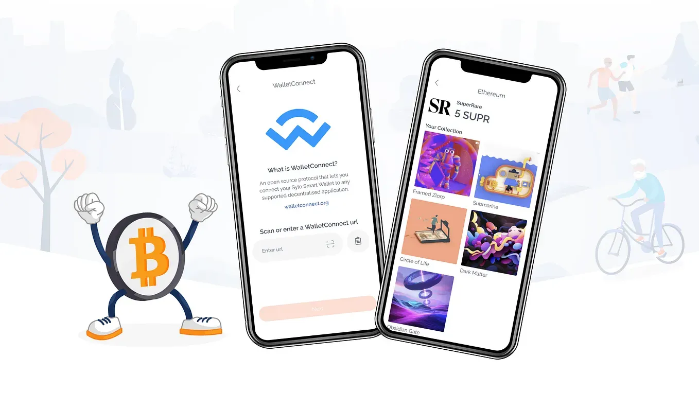 Sylo WalletConnect and Ethereum collection screens shown on two phones.