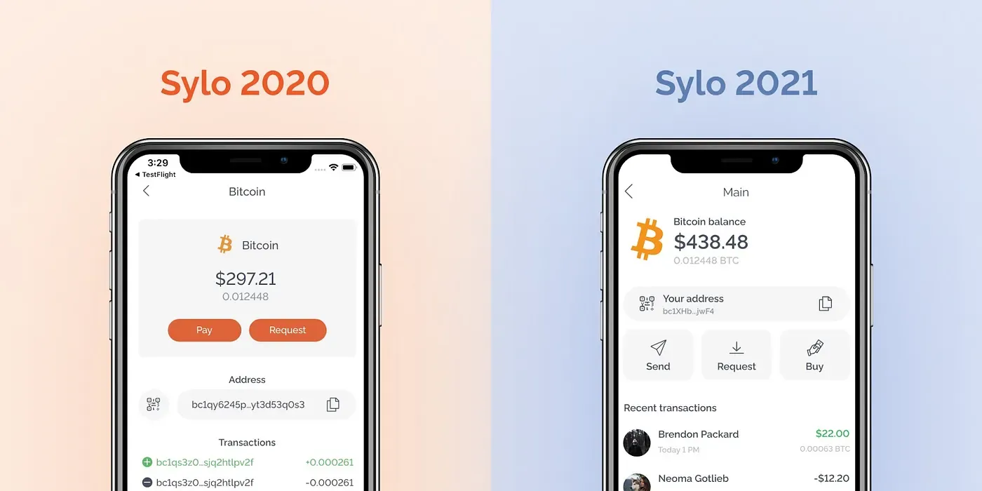 Side-by-side comparison of Sylo 2020 and Sylo 2021 Bitcoin wallet screens.