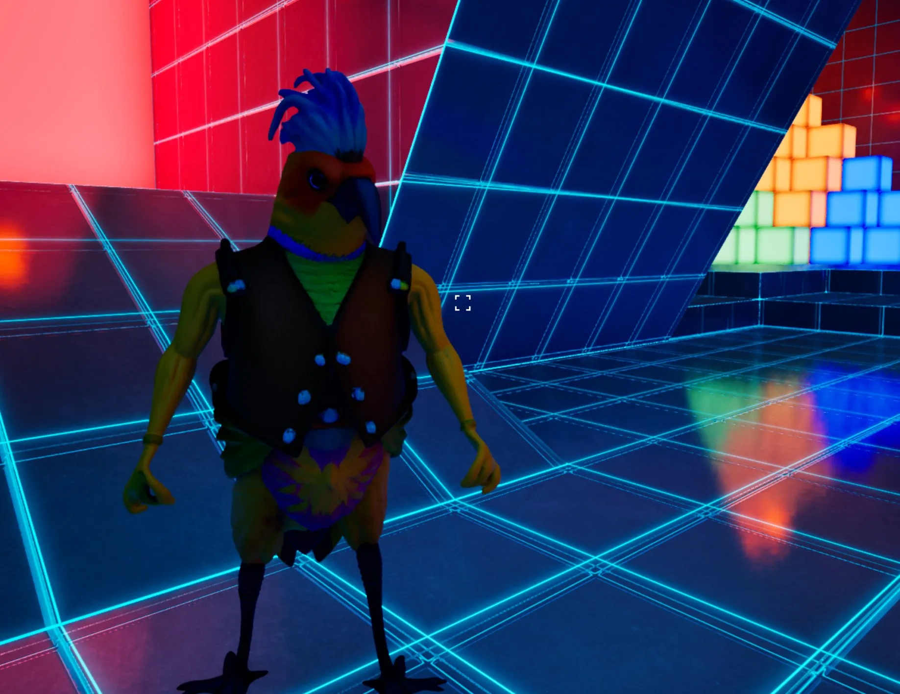 Readyverse bird avatar standing in a neon grid environment.