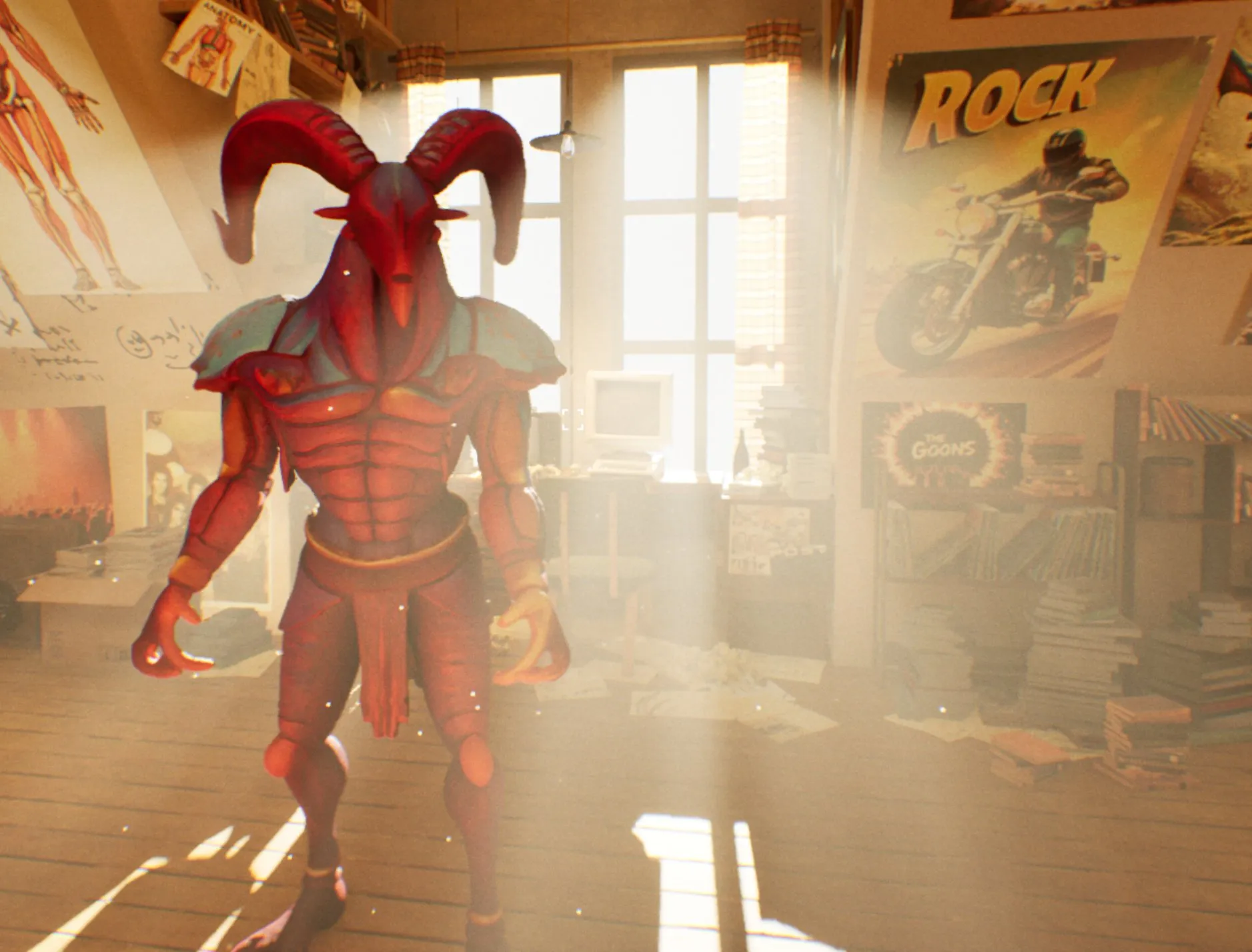 Readyverse red armored character in a hazy sunlit studio.