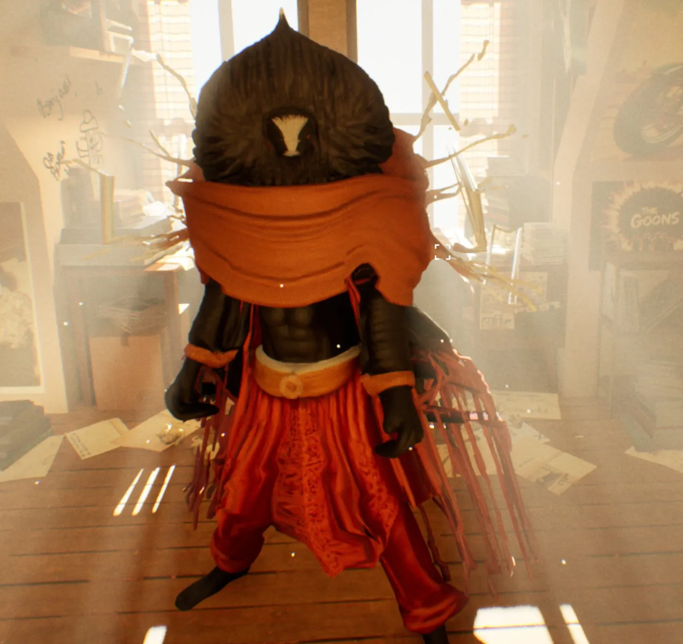 Readyverse cloaked character in a warm studio filled with sketches and posters.