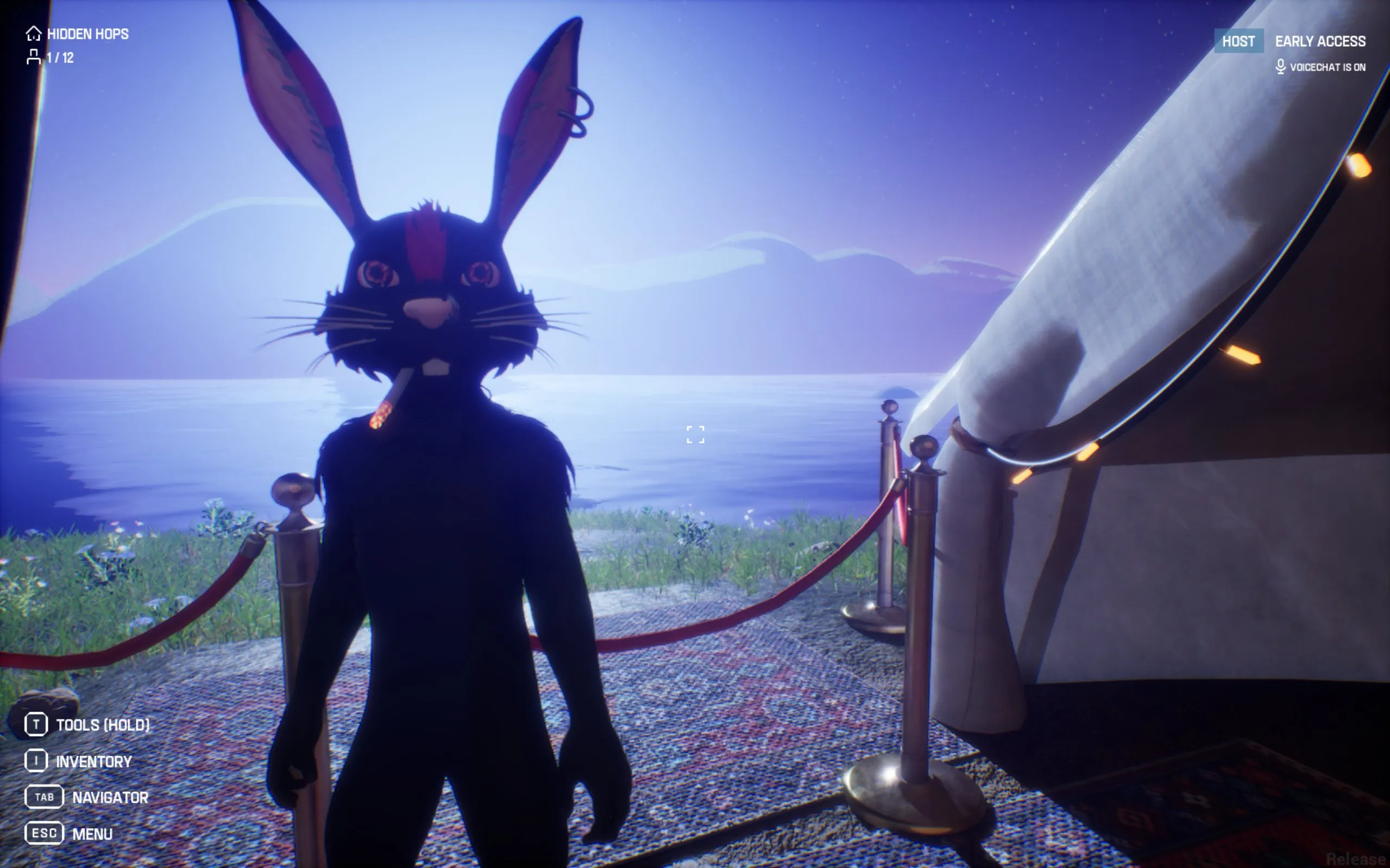 Readyverse black rabbit avatar standing near water and a curved white structure.