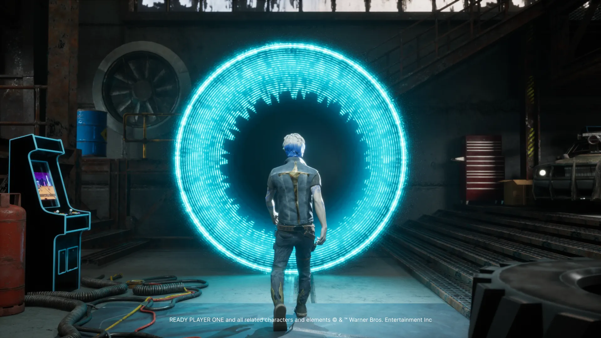 Readyverse character facing a glowing portal in an industrial workshop.