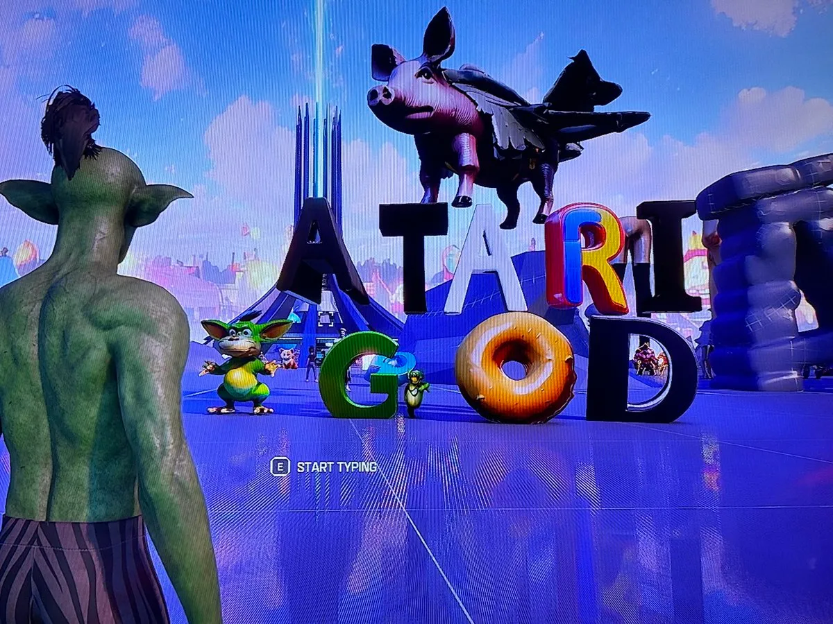 Promptopia scene with a player facing giant Atari-themed letters and characters.