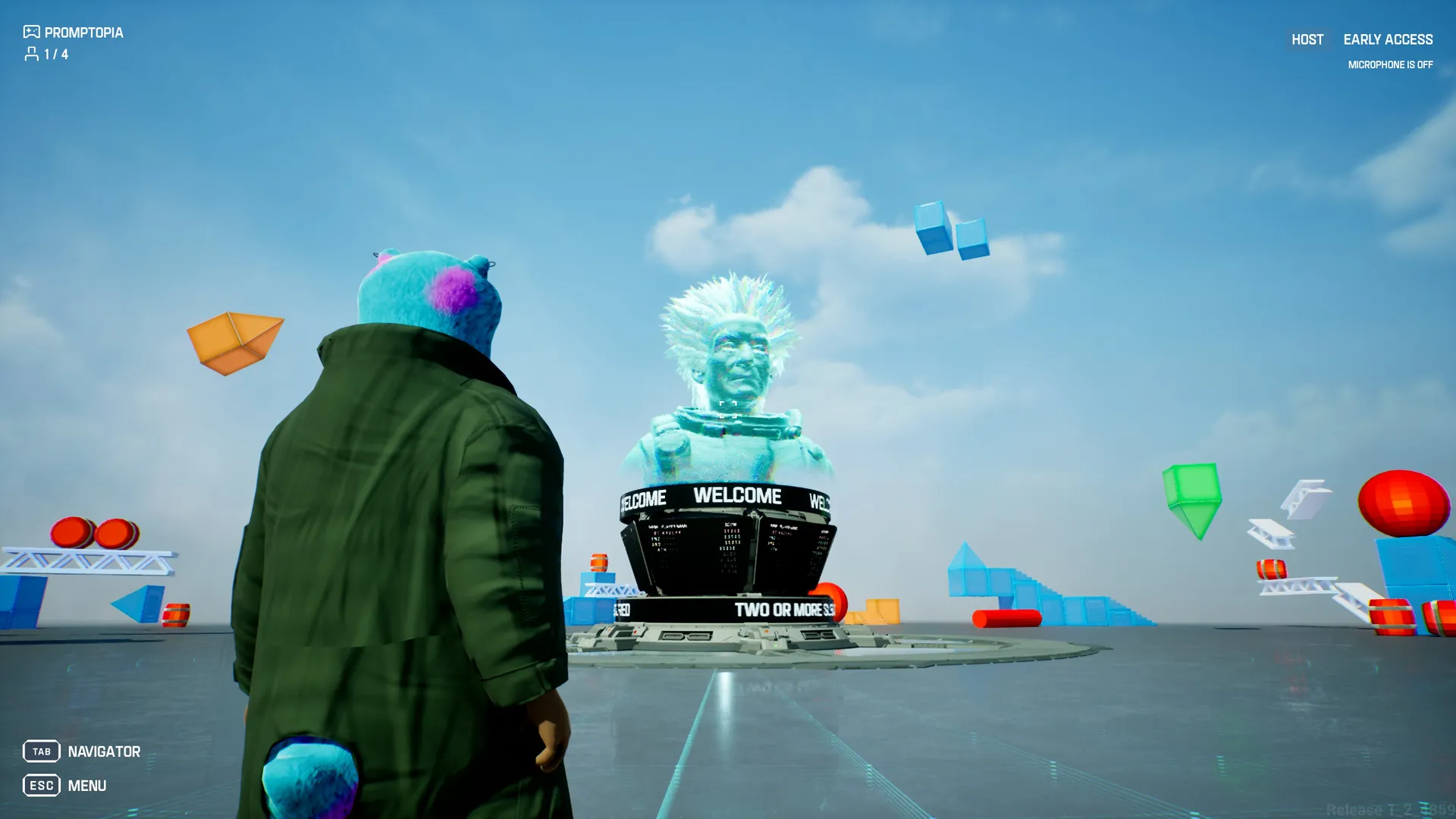 Promptopia scene with a player facing a holographic professor in a bright arena.