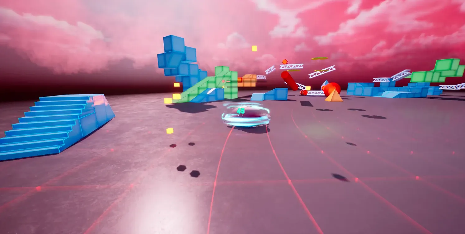 Promptopia gameplay arena with colorful obstacles and a spinning target in the center.