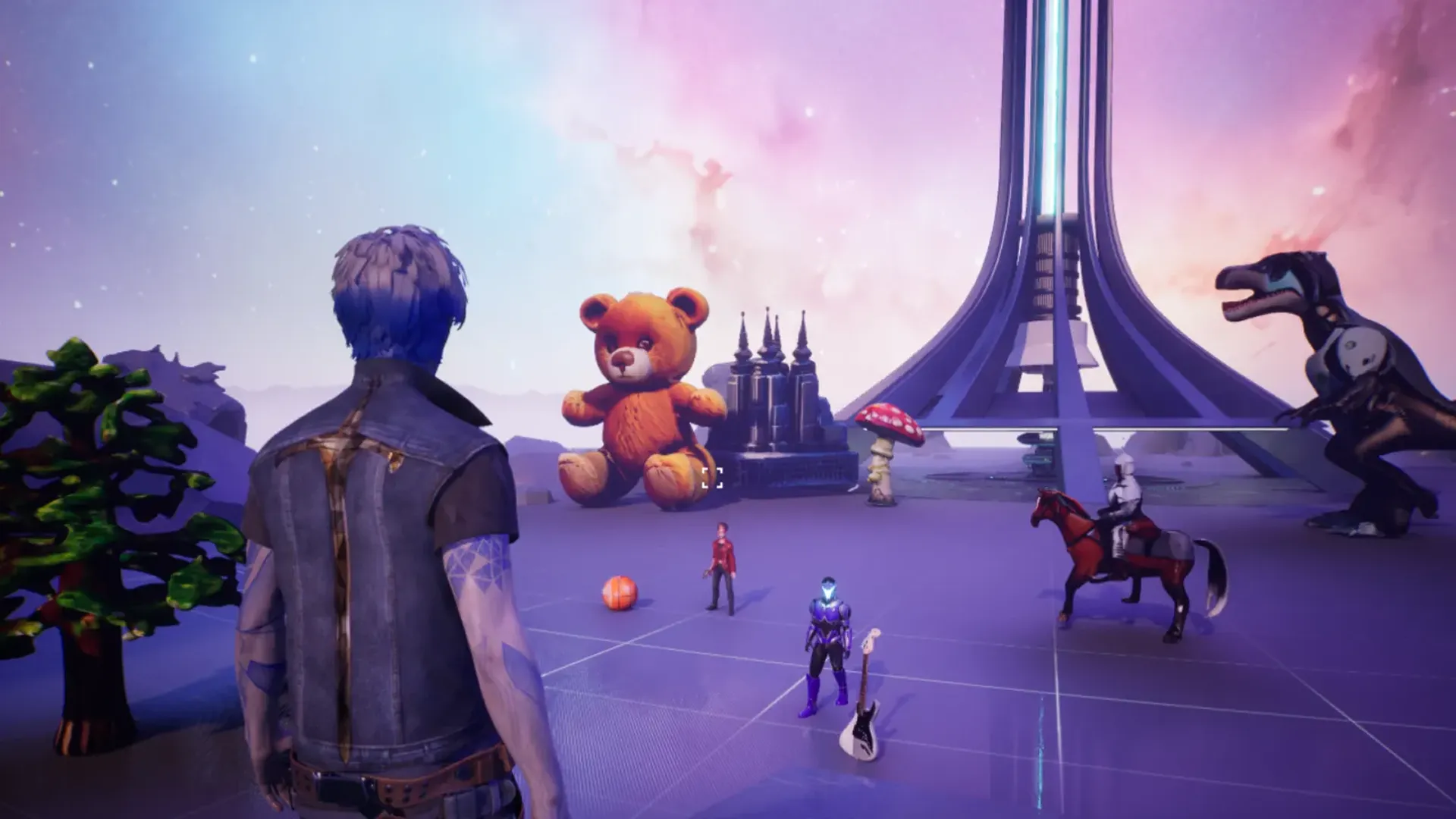 Promptopia trailer scene with a player looking across a purple platform full of oversized props.