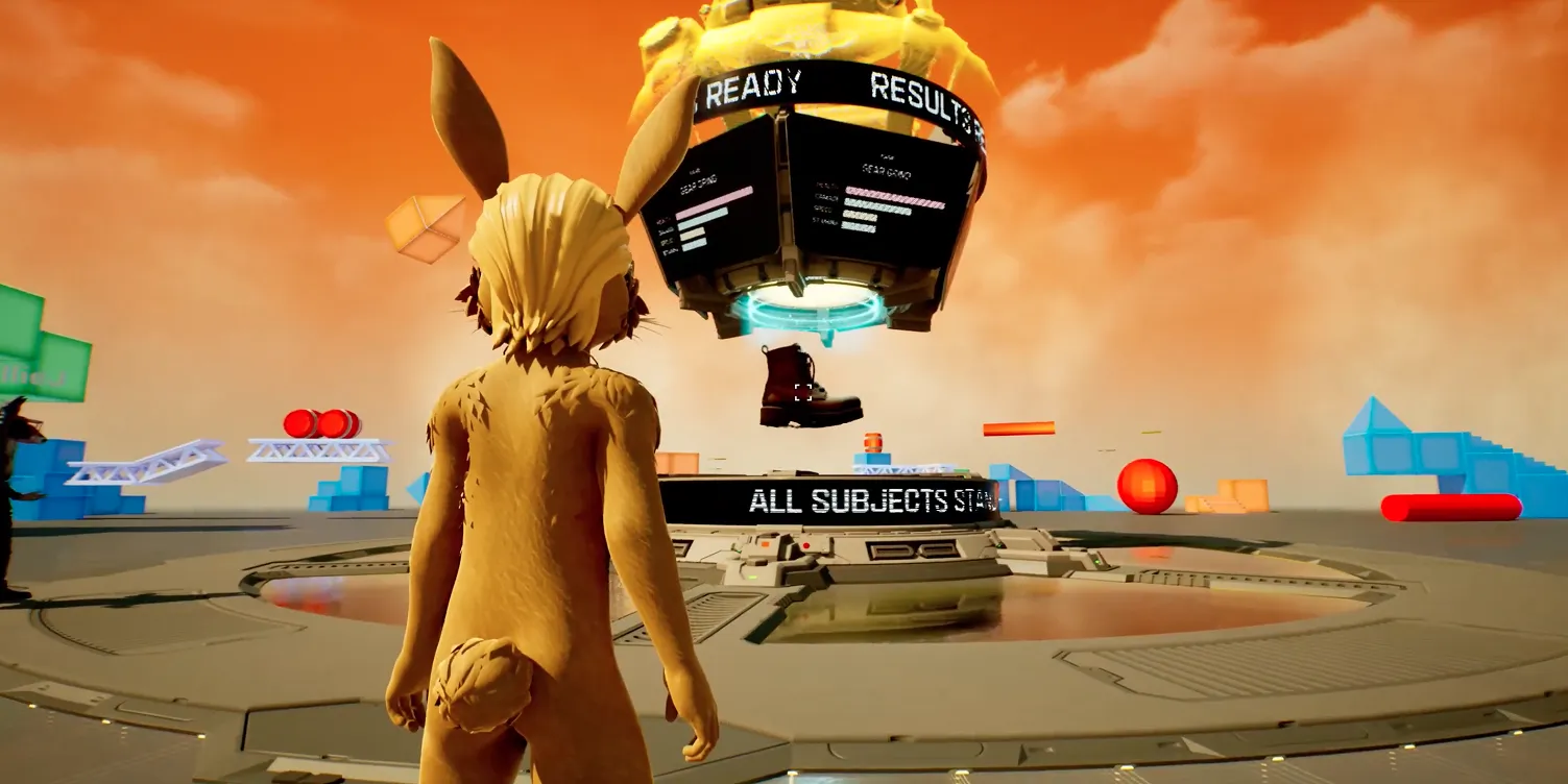 Promptopia arena scene with a player avatar approaching a floating results display.