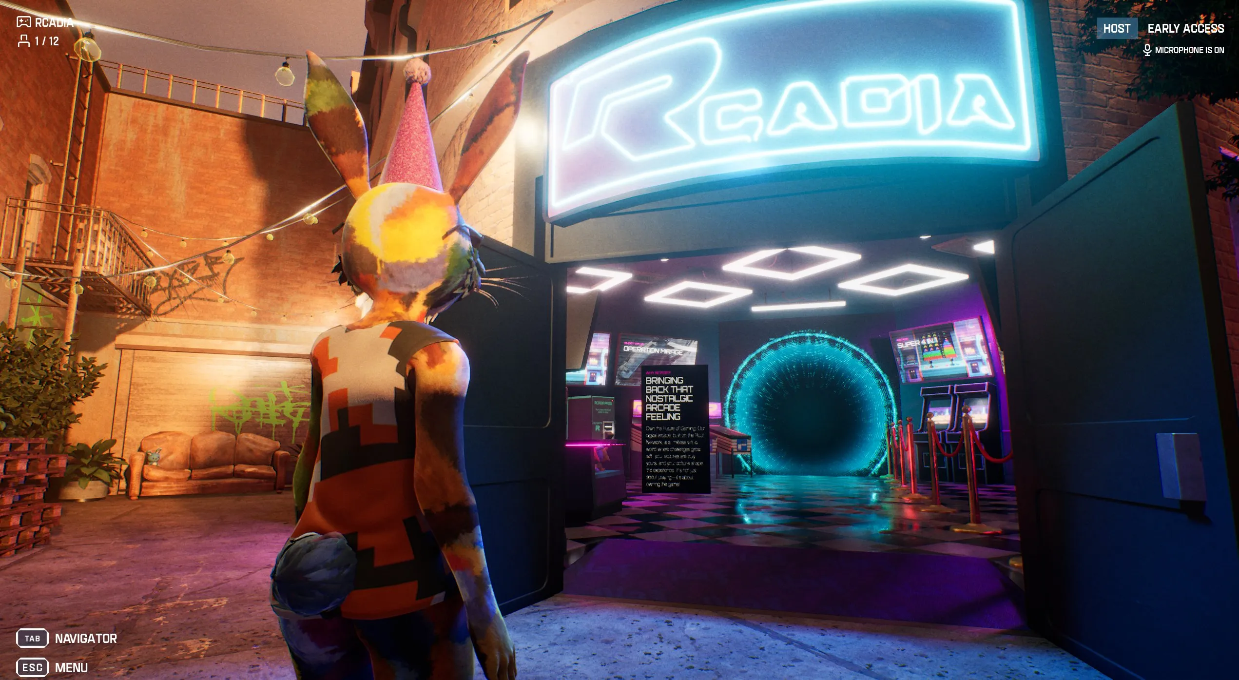 Readyverse arcade showroom entrance with a glowing Rcadia sign and portal.