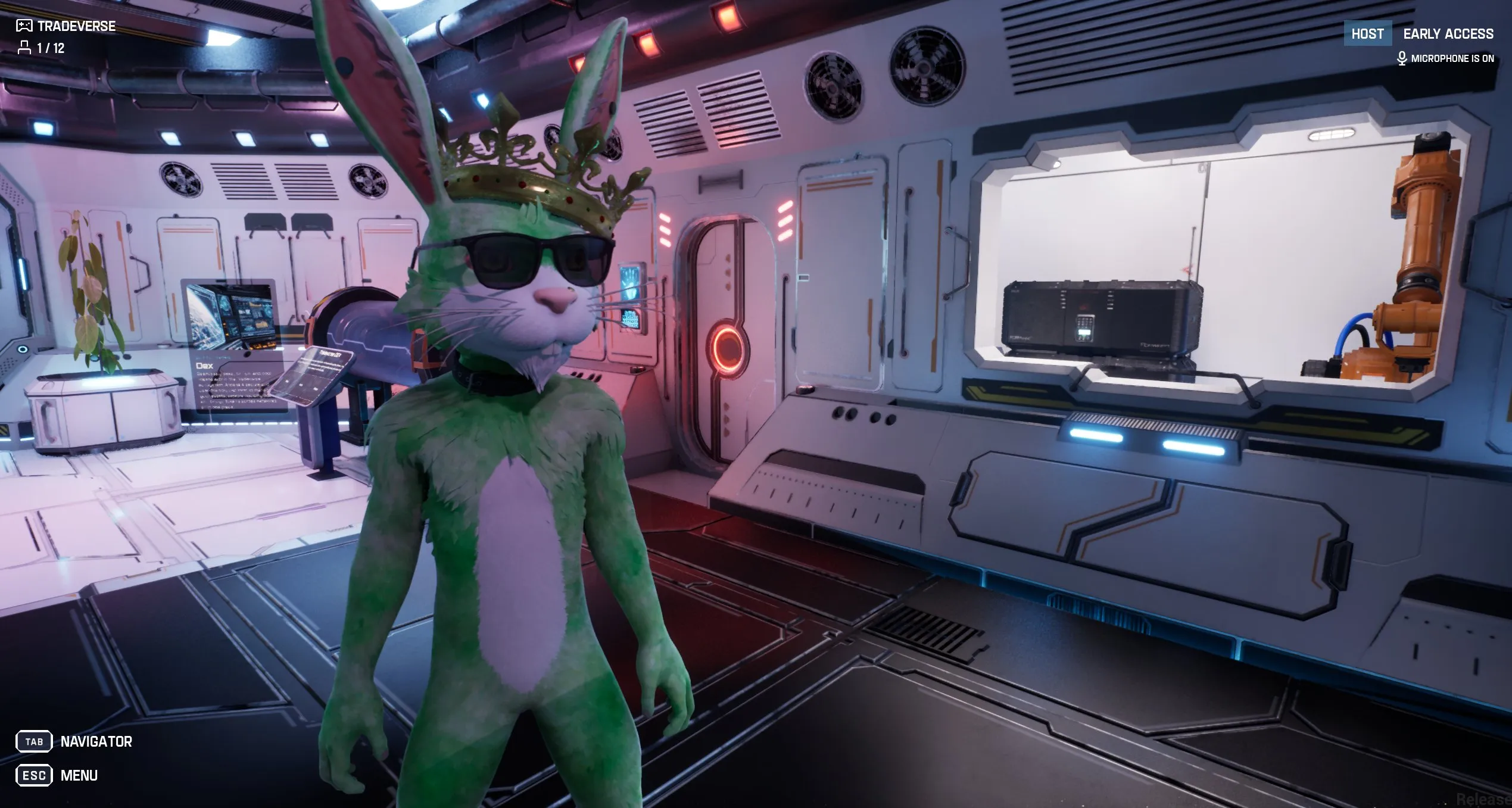 Readyverse Tradeverse showroom with a green rabbit avatar in a sci-fi interior.