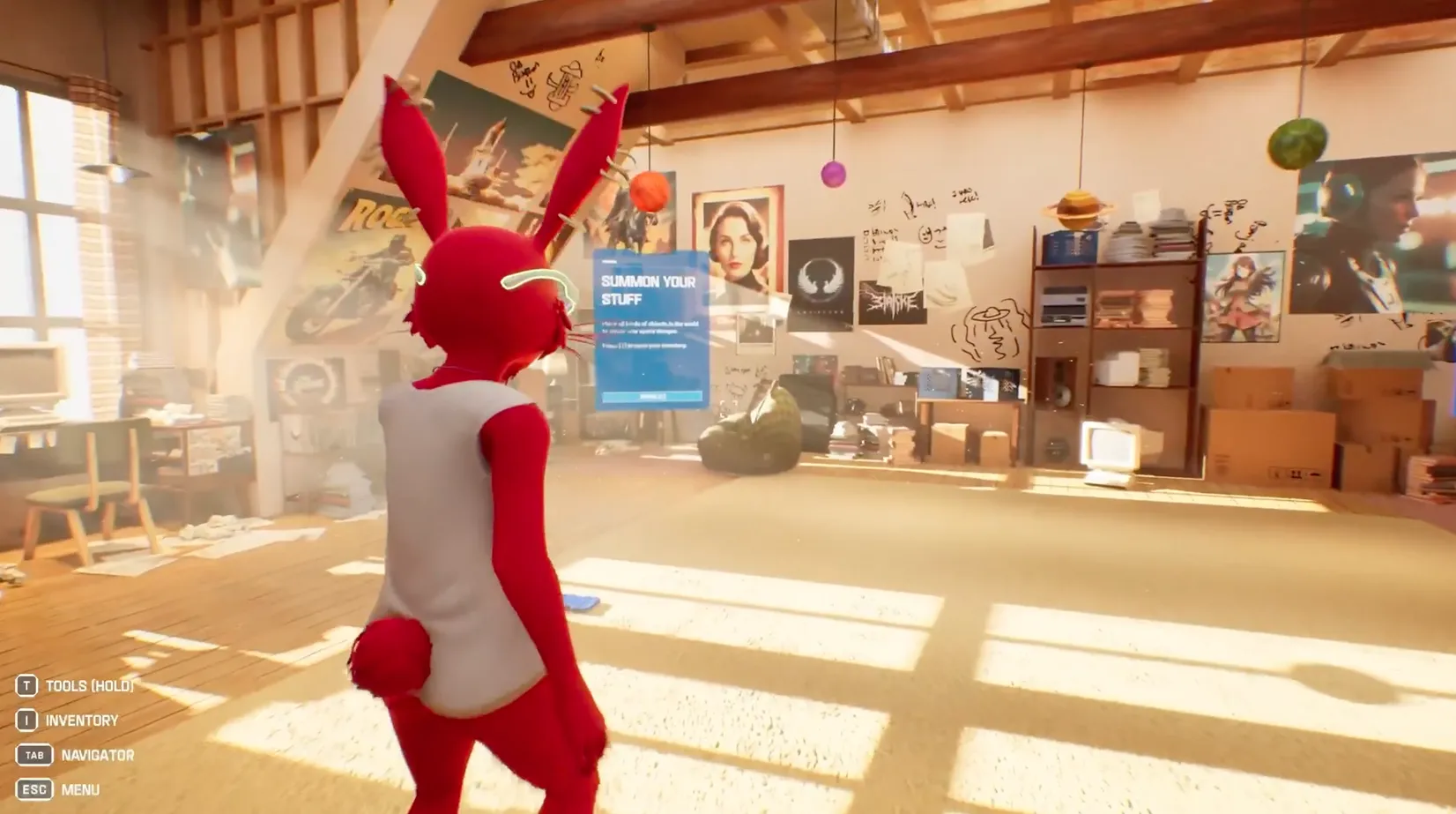 Readyverse attic room with a red rabbit avatar, warm sunlight, posters, and a prompt panel.